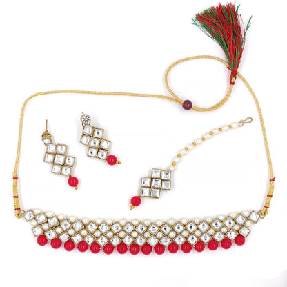 Women's Stylish Kundan And Red Choker Set