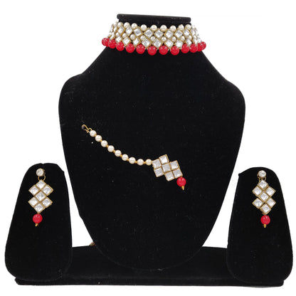 Women's Stylish Kundan And Red Choker Set