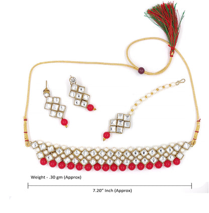 Women's Stylish Kundan And Red Choker Set