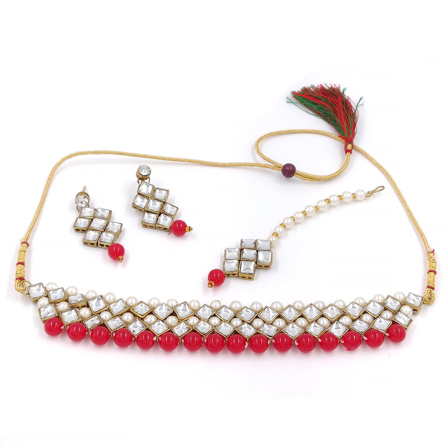 Women's Stylish Kundan And Red Choker Set