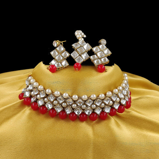 Women's Stylish Kundan And Red Choker Set