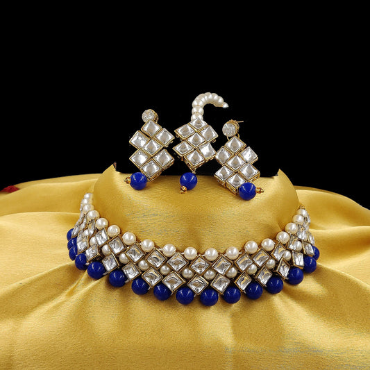 Women's Stylish Kundan And Blue Choker Set