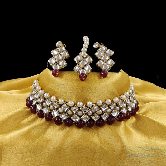 Women's Stylish Kundan And Light Blue Choker Set