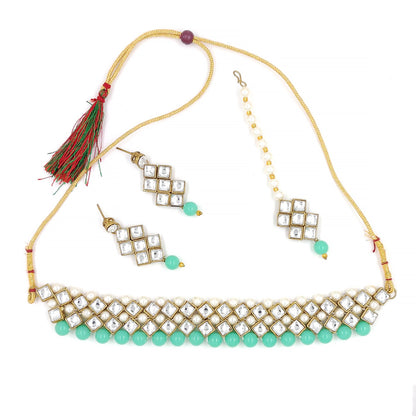 Women's Stylish Kundan And Sea Green Choker Set