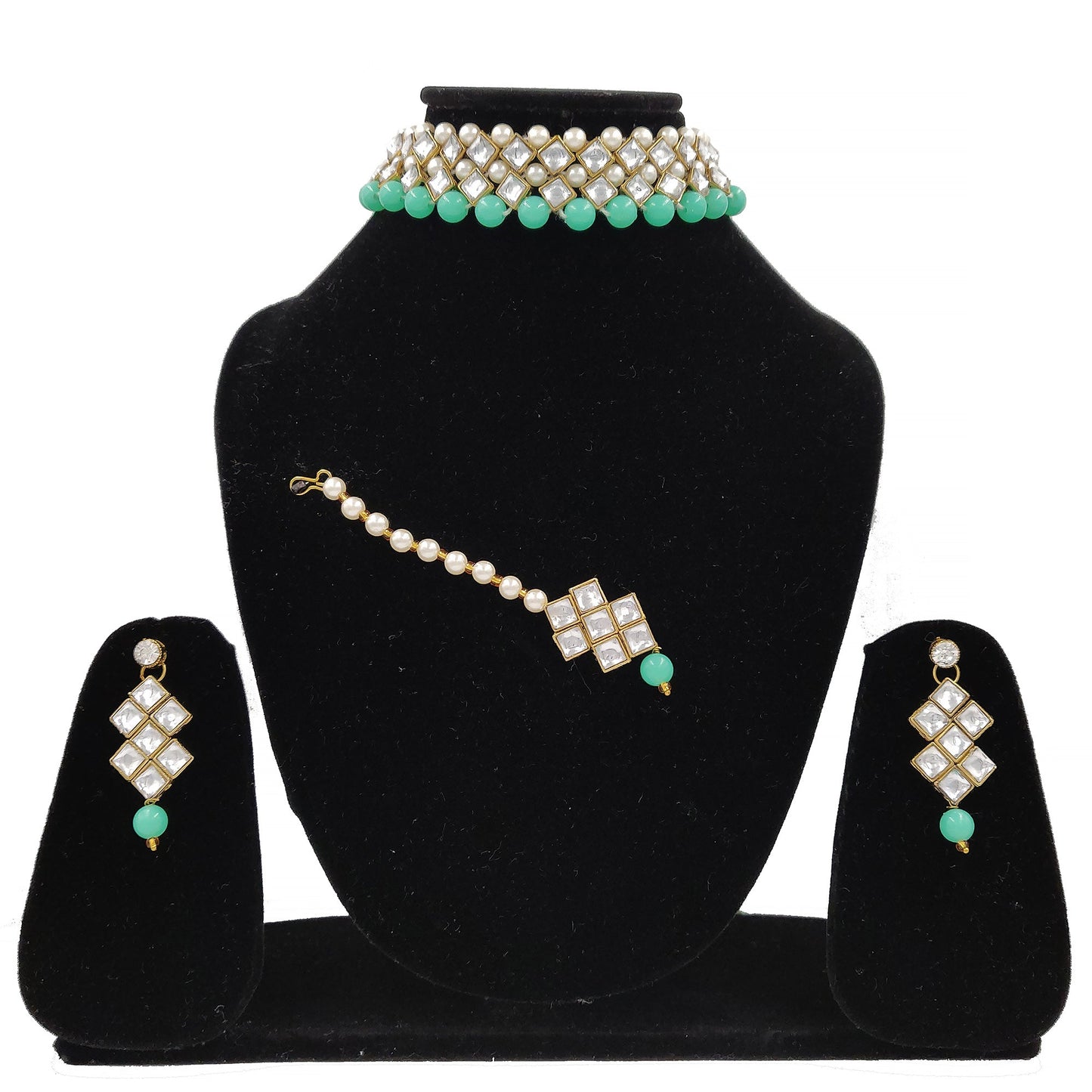 Women's Stylish Kundan And Sea Green Choker Set