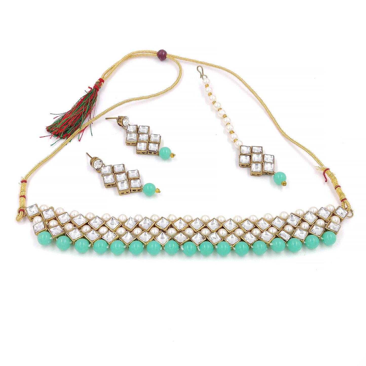 Women's Stylish Kundan And Sea Green Choker Set