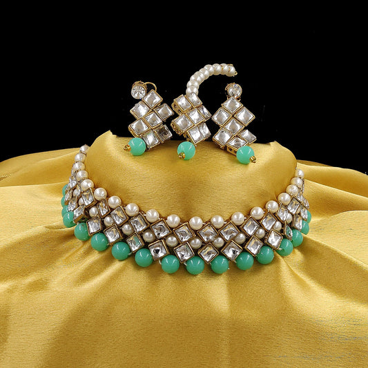 Women's Stylish Kundan And Sea Green Choker Set