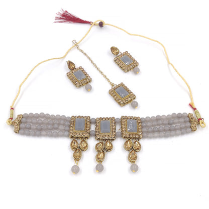 Women's Multistrand Grey Beads And Stones Traditional Choker Necklace & Maang Tikka