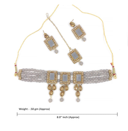 Women's Multistrand Grey Beads And Stones Traditional Choker Necklace & Maang Tikka