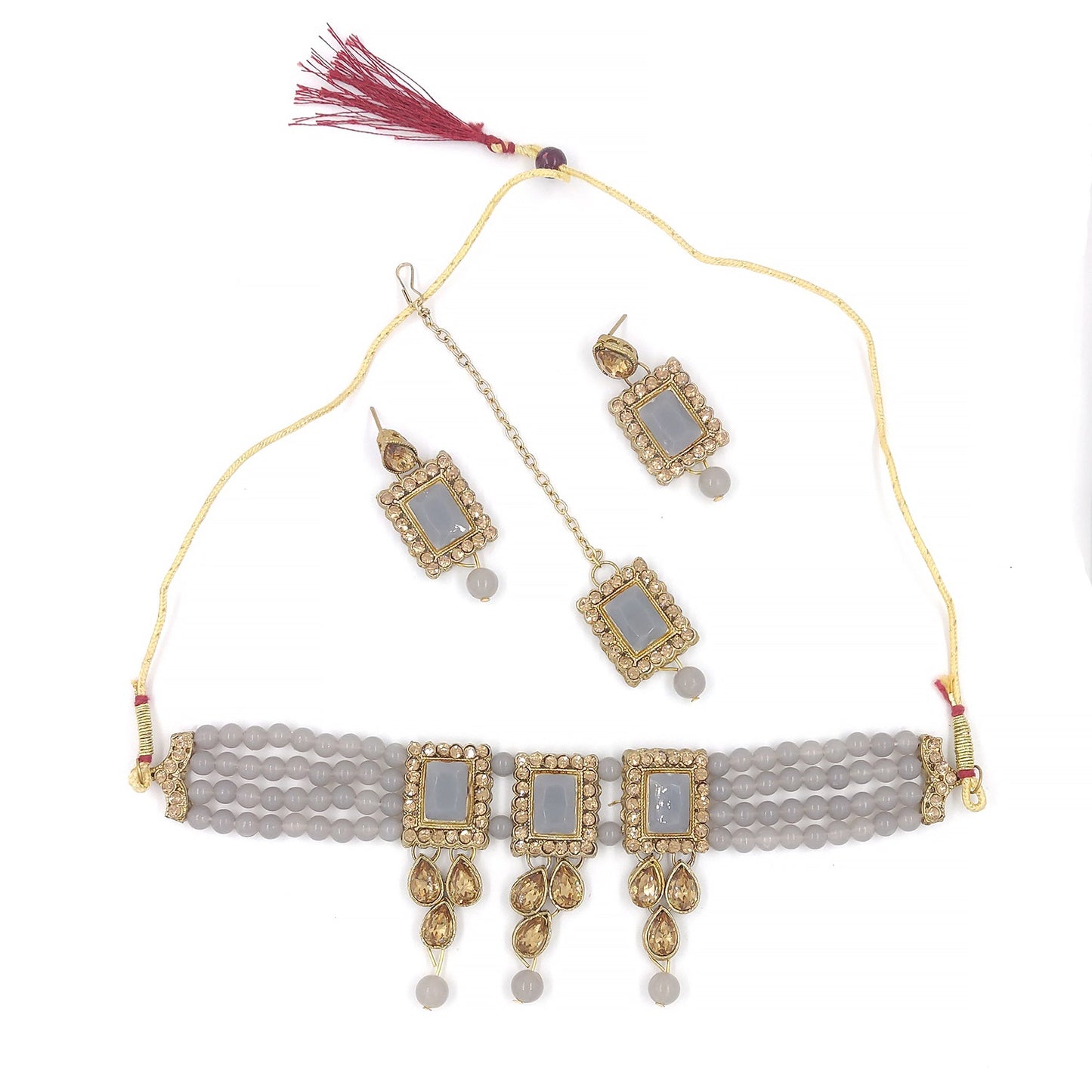 Women's Multistrand Grey Beads And Stones Traditional Choker Necklace & Maang Tikka