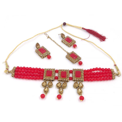 Women's Multistrand Red Beads And Stones Traditional Choker Necklace & Maang Tikka