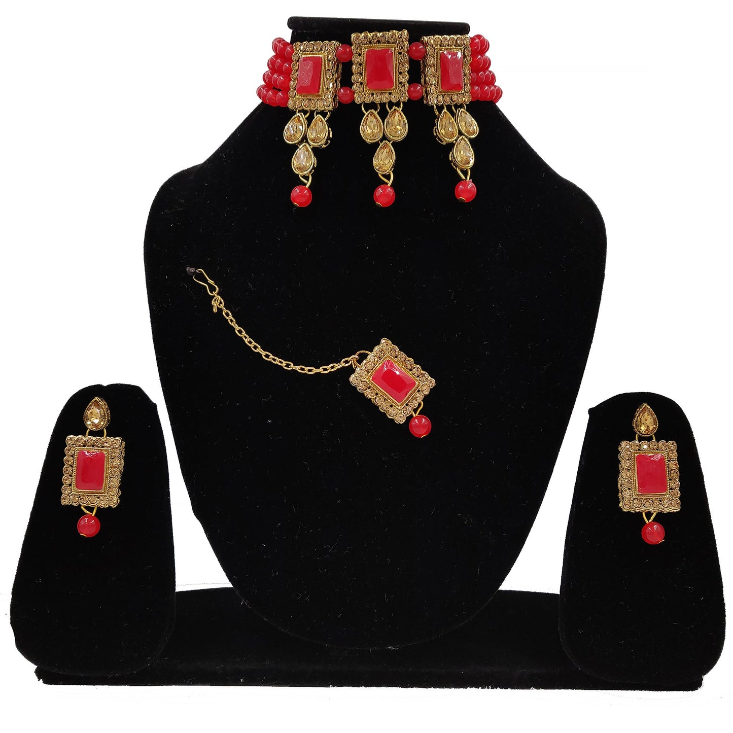 Women's Multistrand Red Beads And Stones Traditional Choker Necklace & Maang Tikka