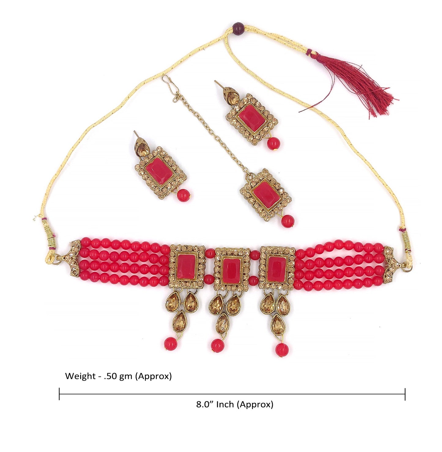 Women's Multistrand Red Beads And Stones Traditional Choker Necklace & Maang Tikka