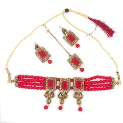 Women's Multistrand Red Beads And Stones Traditional Choker Necklace & Maang Tikka