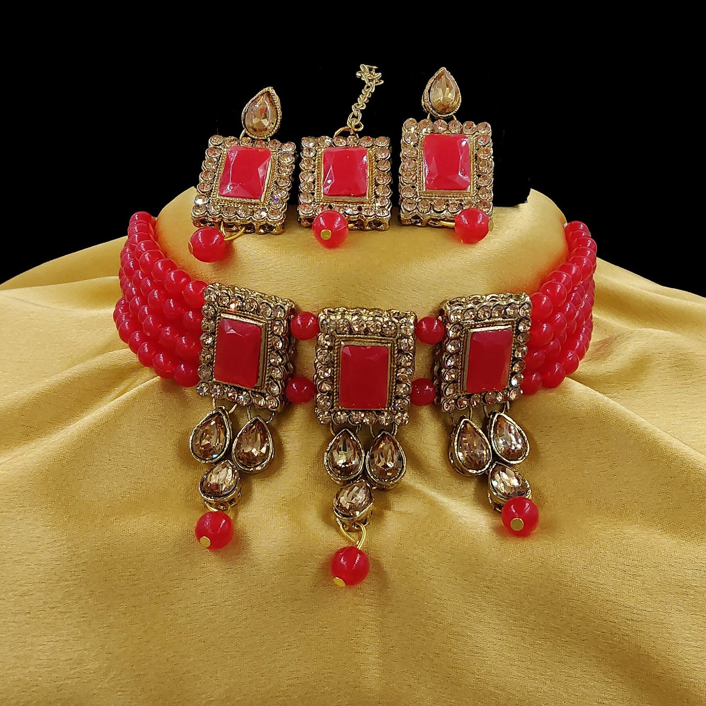 Women's Multistrand Red Beads And Stones Traditional Choker Necklace & Maang Tikka