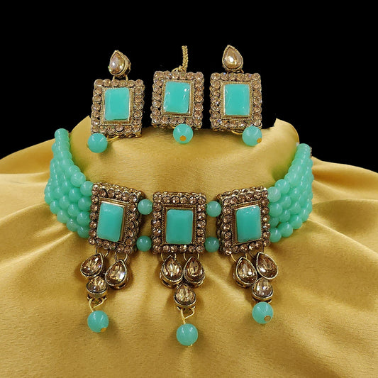 Women's Multistrand Sea Green Beads And Stones Traditional Choker Necklace & Maang Tikka