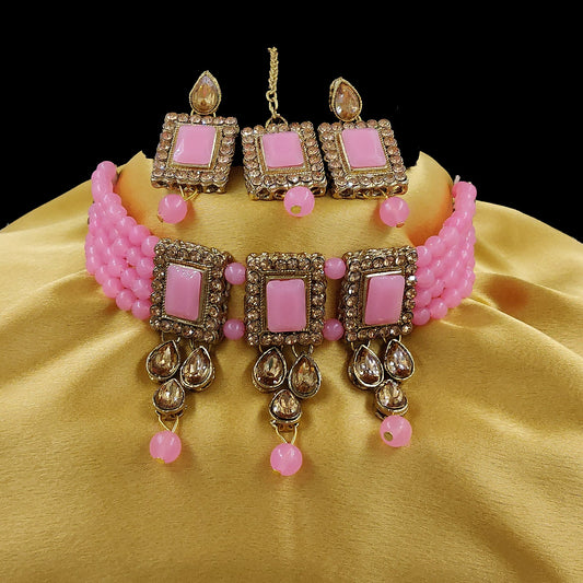 Women's Multistrand Pink Beads And Stones Traditional Choker Necklace & Maang Tikka