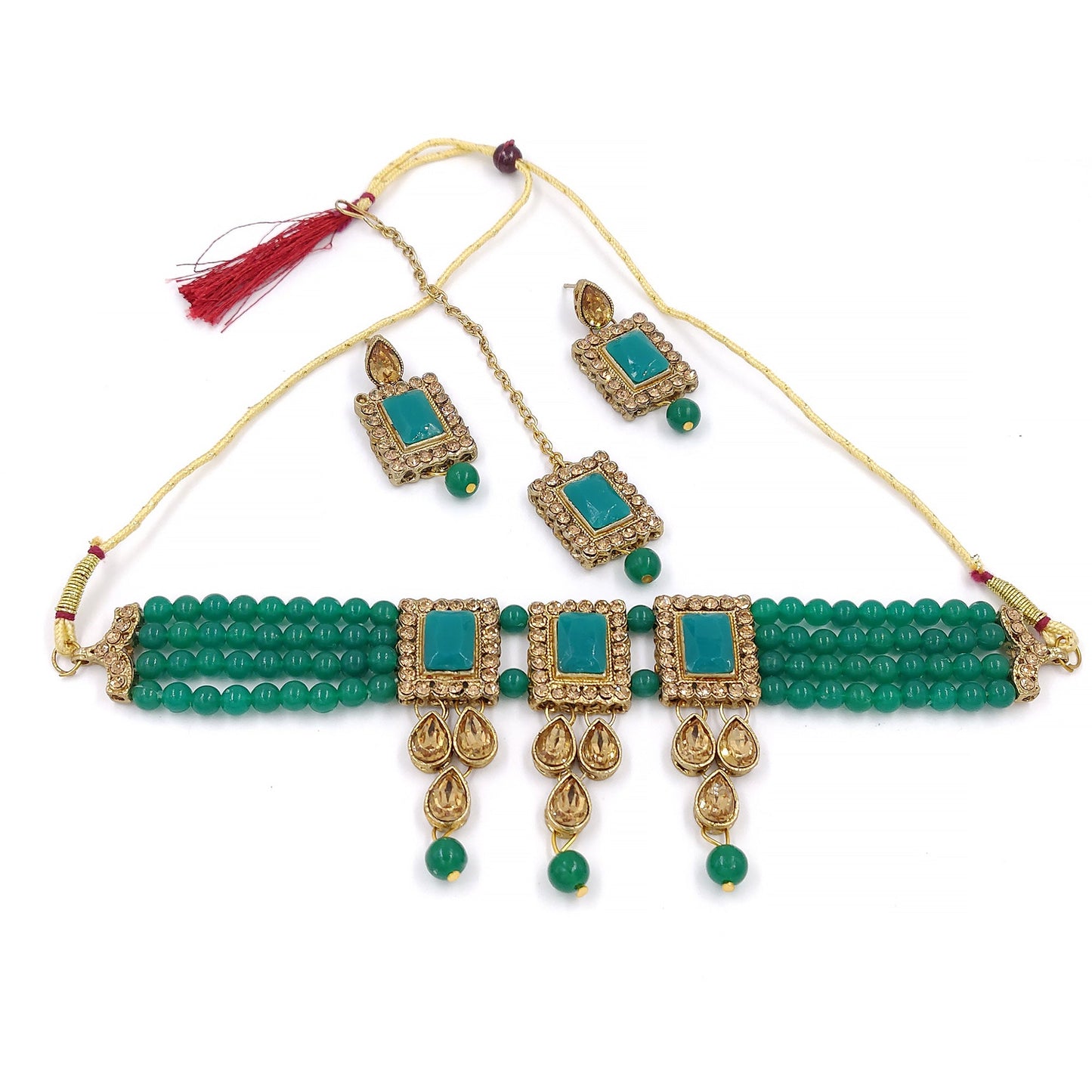 Women's Multistrand Dark Green Beads And Stones Traditional Choker Necklace & Maang Tikka