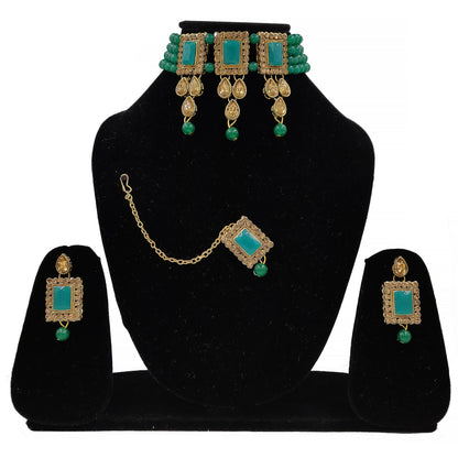 Women's Multistrand Dark Green Beads And Stones Traditional Choker Necklace & Maang Tikka