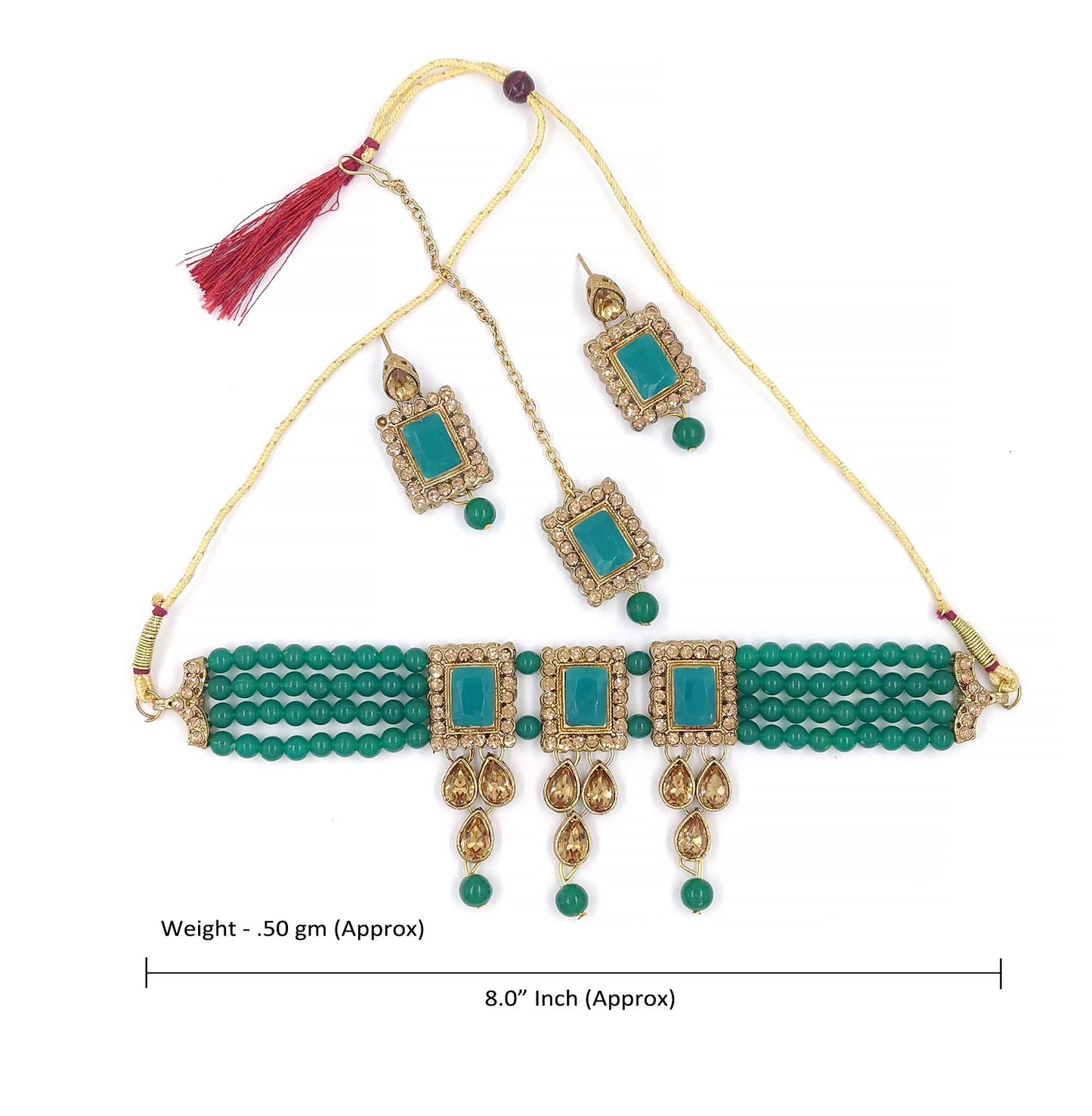 Women's Multistrand Dark Green Beads And Stones Traditional Choker Necklace & Maang Tikka