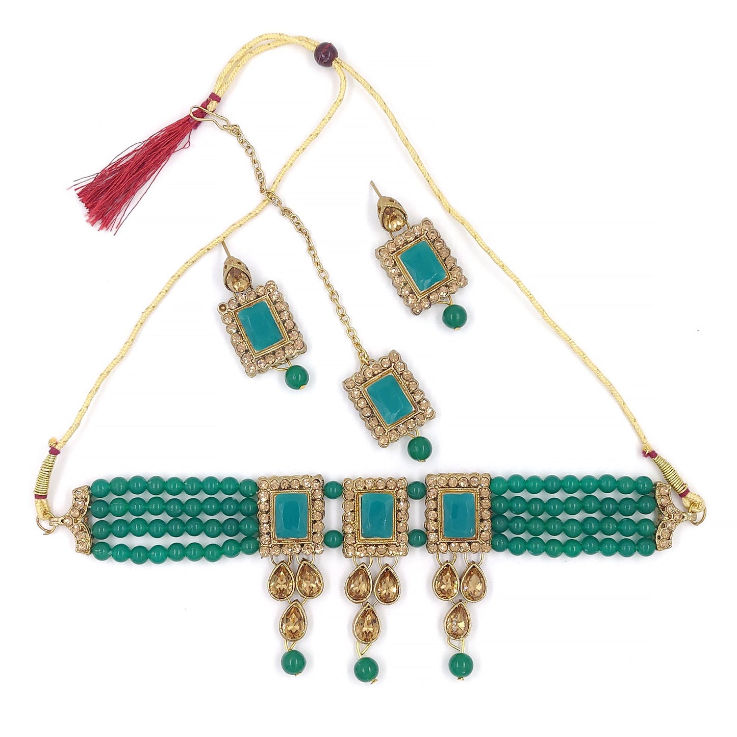 Women's Multistrand Dark Green Beads And Stones Traditional Choker Necklace & Maang Tikka