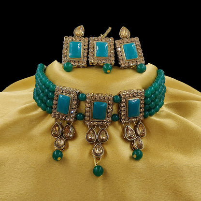 Women's Multistrand Dark Green Beads And Stones Traditional Choker Necklace & Maang Tikka