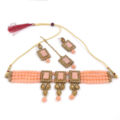 Women's Multistrand Peach Beads And Stones Traditional Choker Necklace & Maang Tikka