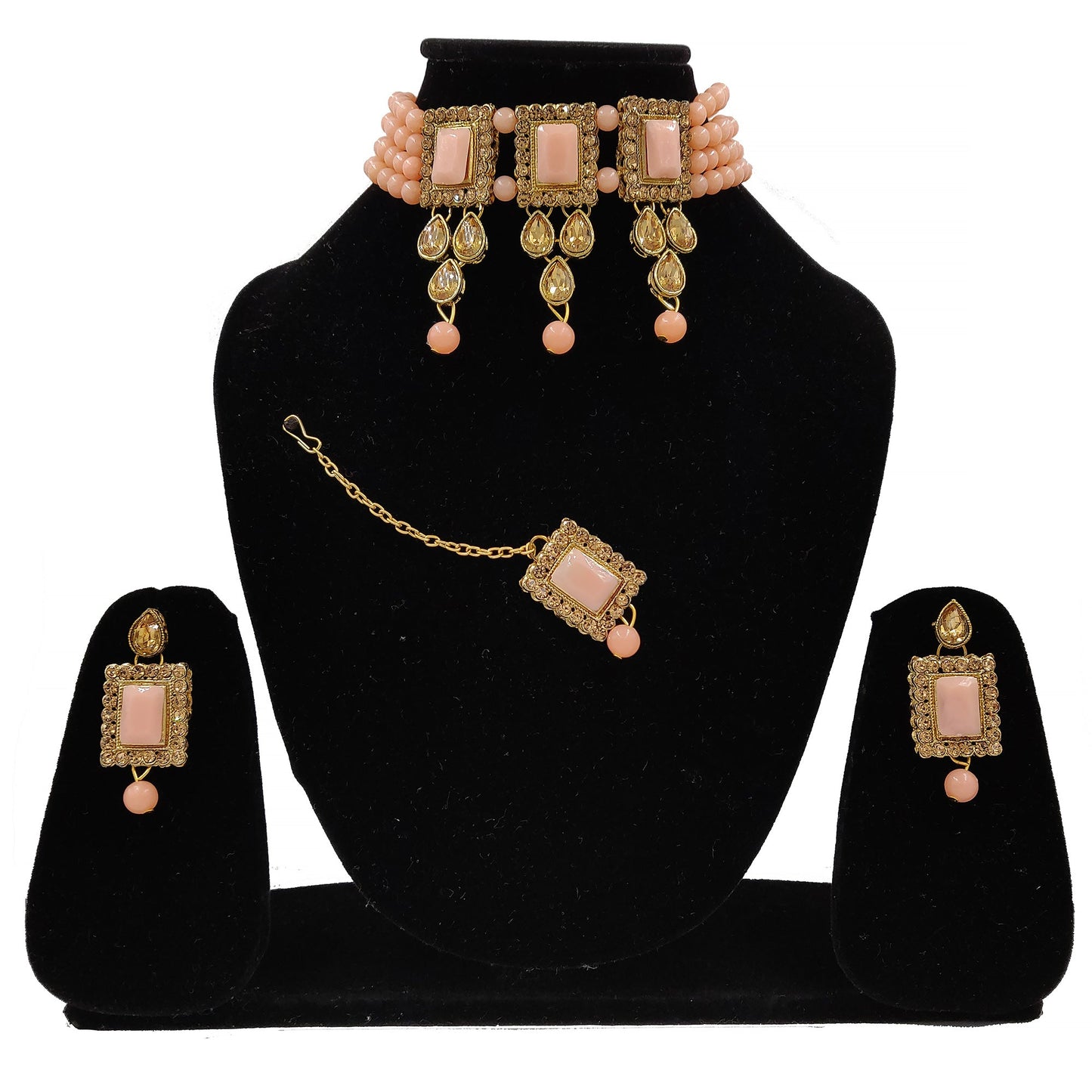 Women's Multistrand Peach Beads And Stones Traditional Choker Necklace & Maang Tikka