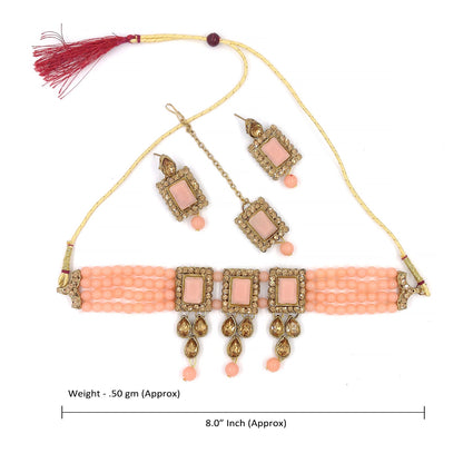 Women's Multistrand Peach Beads And Stones Traditional Choker Necklace & Maang Tikka