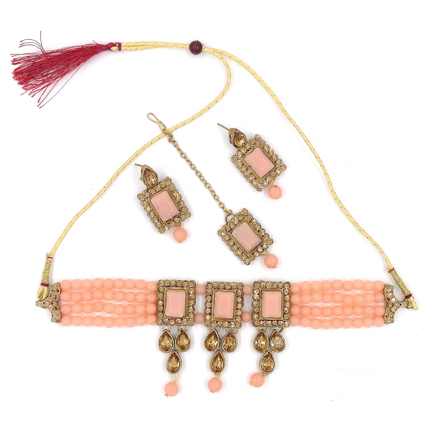 Women's Multistrand Peach Beads And Stones Traditional Choker Necklace & Maang Tikka