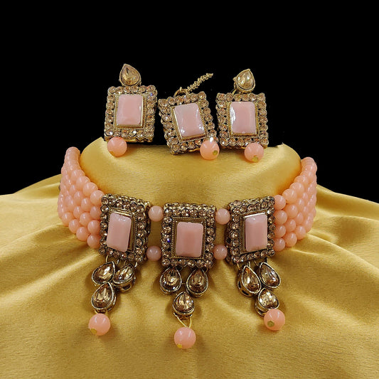 Women's Multistrand Peach Beads And Stones Traditional Choker Necklace & Maang Tikka