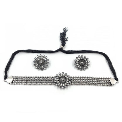 Women's Multistrand Oxidised Silver Choker Pendnat Set