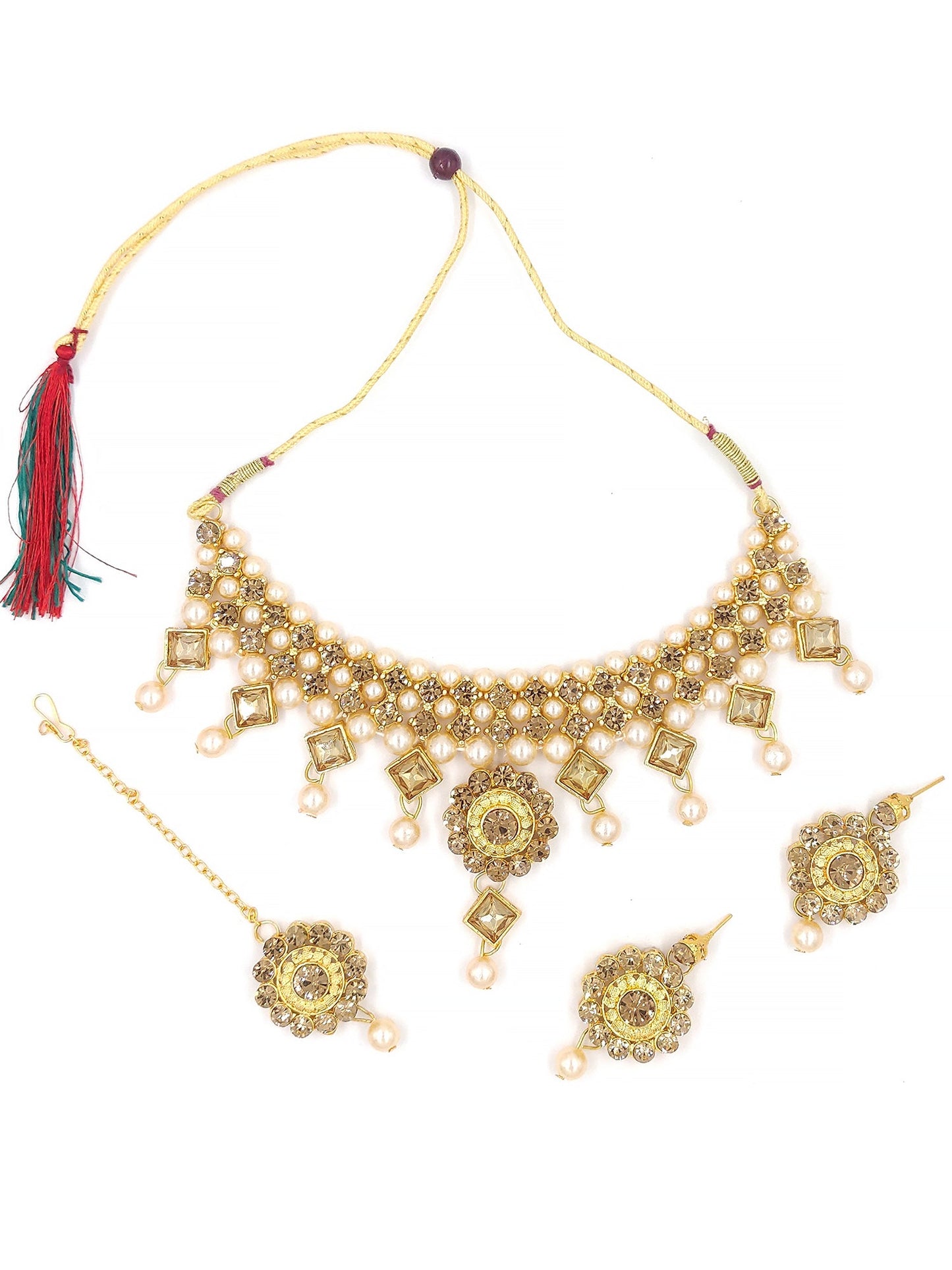 Women's Stylish Gold Choker Necklace With Maang Tikka Earrings