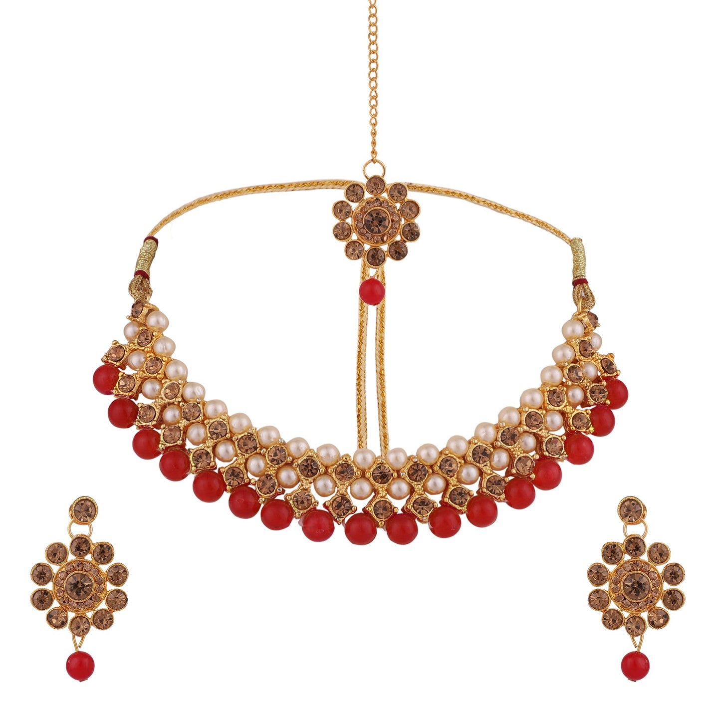 Women's Trending Red Choker Set With Maang Tikka