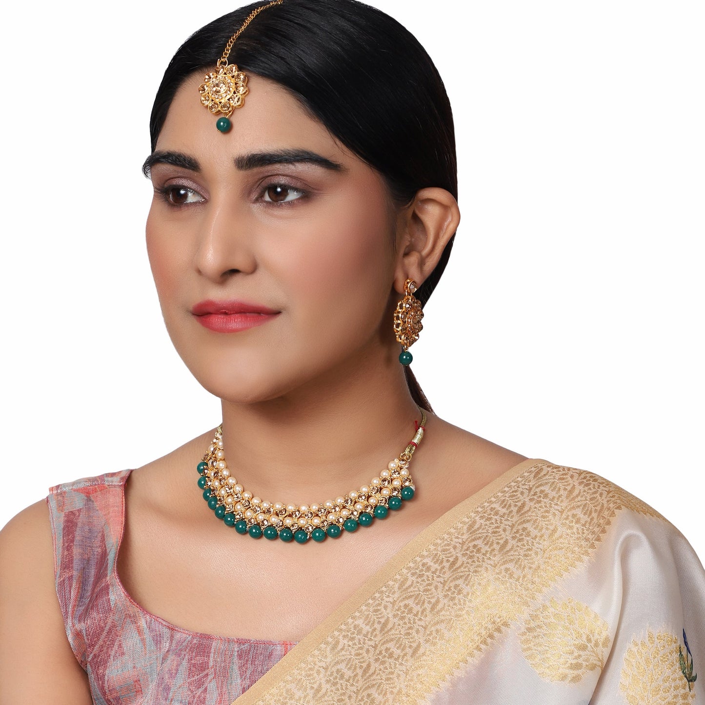 Women's Trending Green Choker Set With Maang Tikka