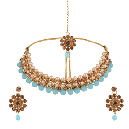 Women's Trending Light Blue Choker Set With Maang Tikka