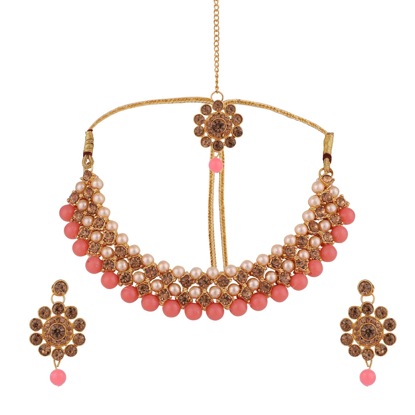 Women's Trending Pink Choker Set With Maang Tikka