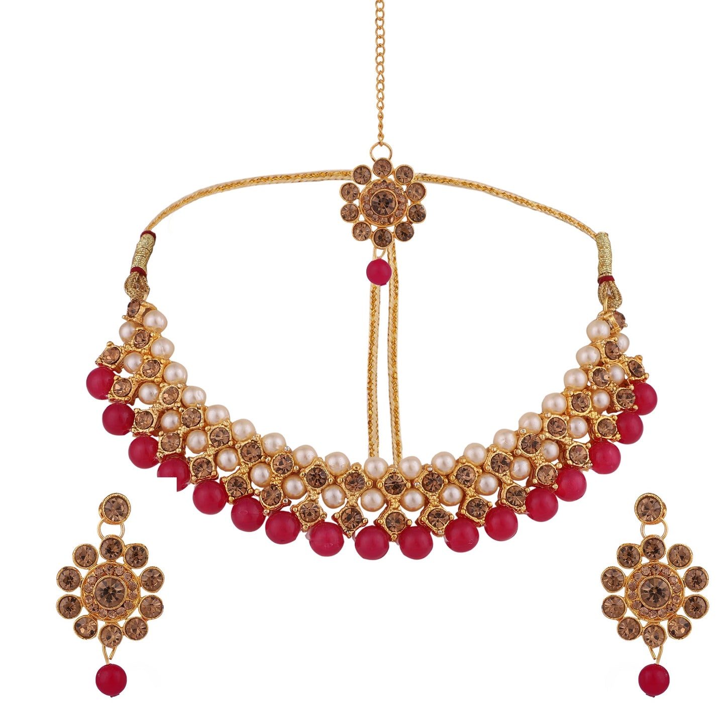 Women's Trending Maroon Choker Set With Maang Tikka