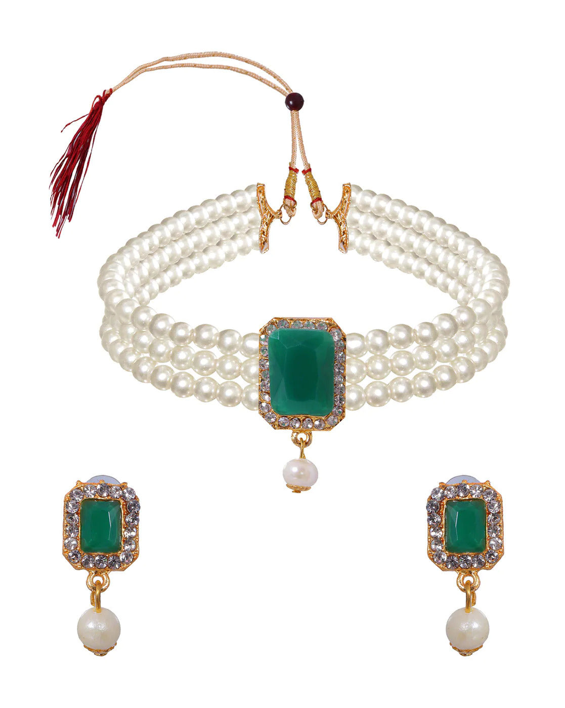 Women's Attractive White Pearls With Green Stone Choker