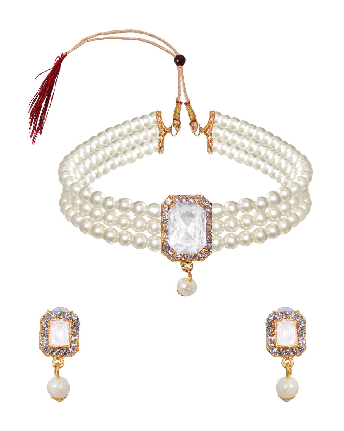 Women's Attractive White Pearls With White Stone Choker