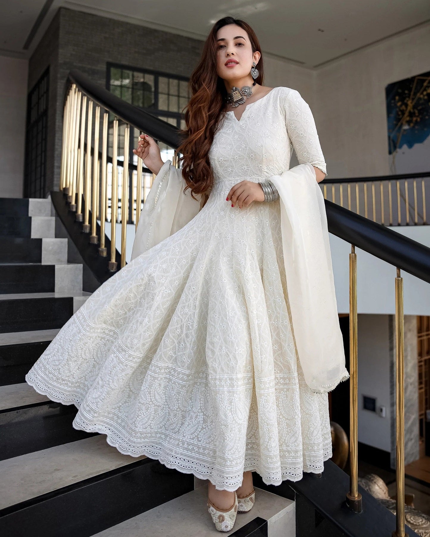 Women's White Cotton Chikankari Gown With Dupatta Set