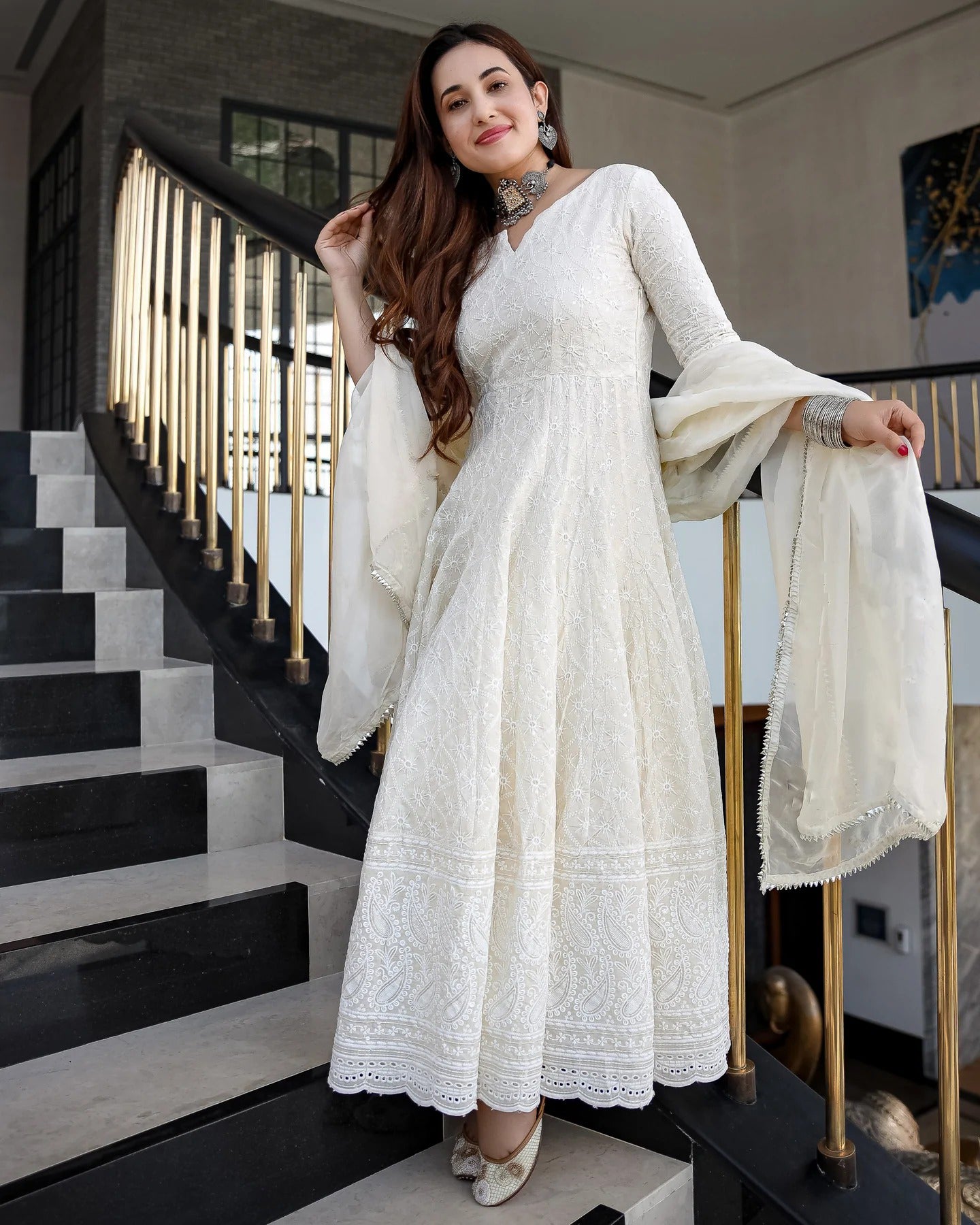 Women's White Cotton Chikankari Gown With Dupatta Set