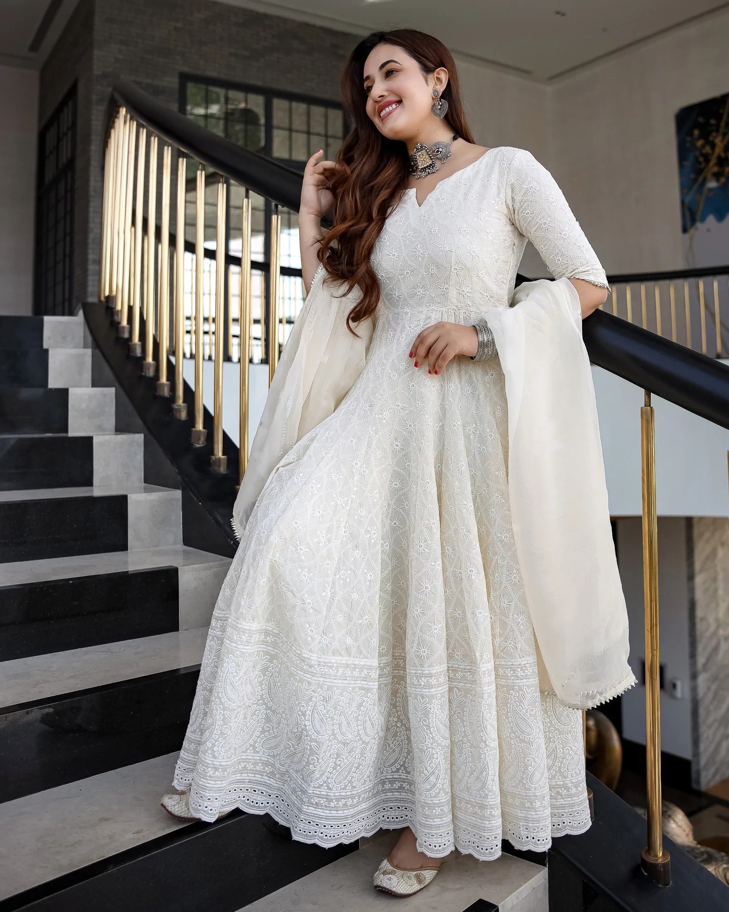 Women's White Cotton Chikankari Gown With Dupatta Set