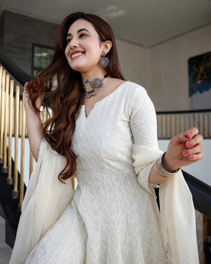 Women's White Cotton Chikankari Gown With Dupatta Set