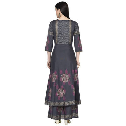 Women's Dark Grey Rayon Block print Anarkali Palazzo set