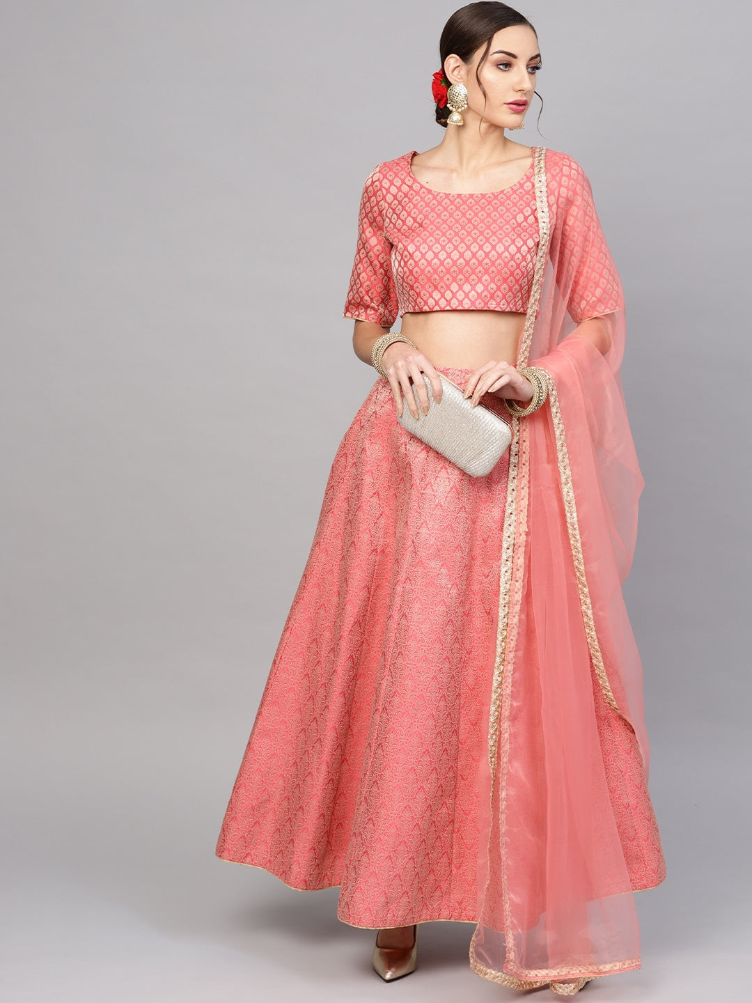 Women's Peach Brocade lehenga choli With Dupatta