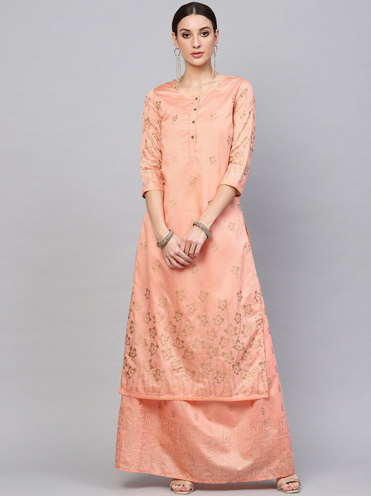 Women's Peach Gold Printed Kurta With Skirt