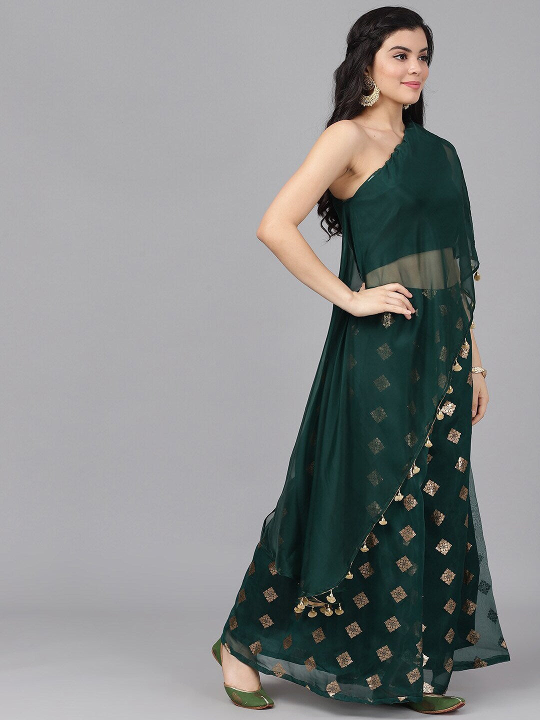 Women's Dark Green Foil Print Lehenga Choli