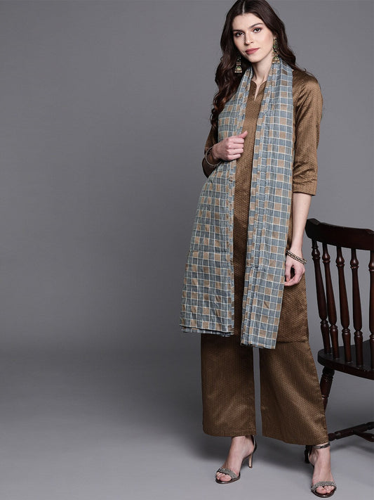 Women's Brown Textured Kurta Palazzo With Dupatta