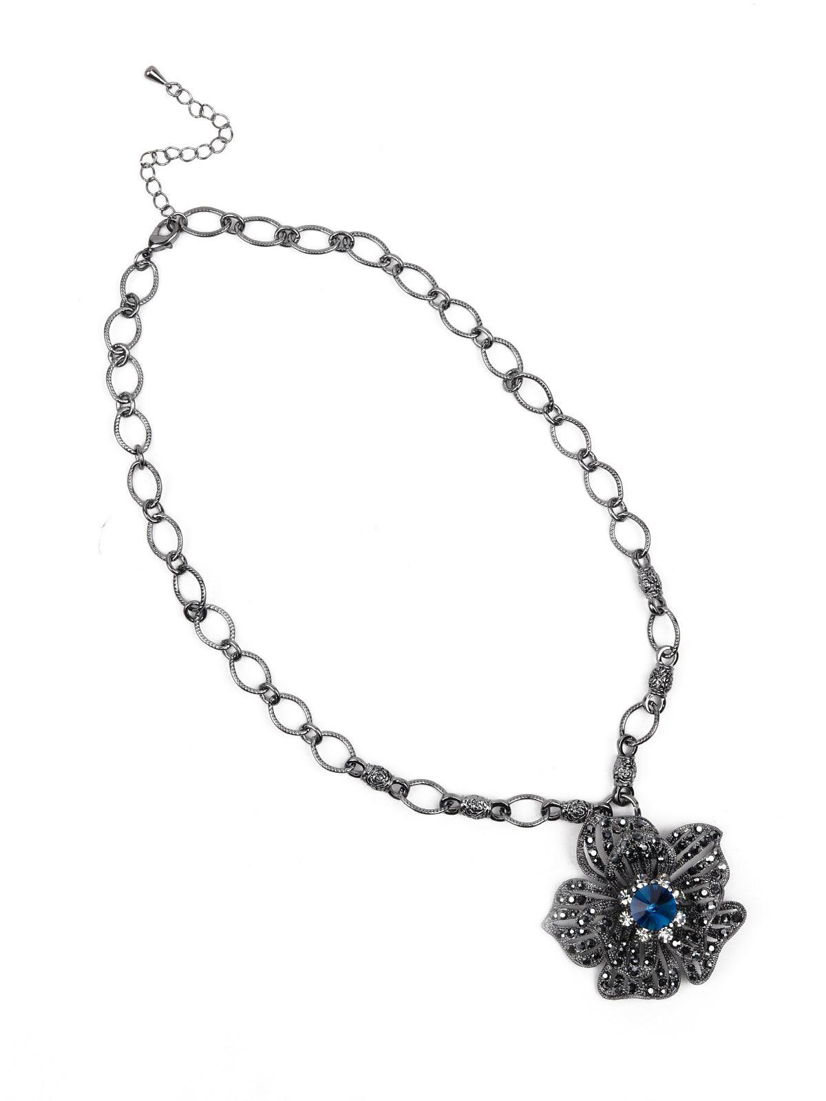 Women's Beautiful Oxidised Floral Pendant Necklace - Odette